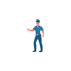 Policeman in a blue uniform with a cap standing with an outstretched hand. Vector illustration isolated on white background