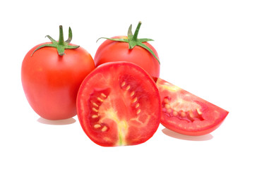 Fresh red tomato split on a white background.