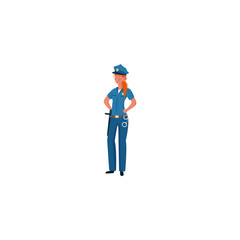 A police officer with red hair in a blue uniform stands with hands-on-hips. Vector illustration on a white background.