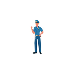 Policeman in a blue uniform with cap standing in a pose. Vector illustration isolated on white background