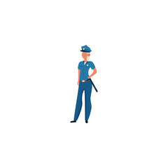 Fototapeta na wymiar A policeman with white hair in a blue uniform stands with a baton. Vector illustration on a white background.