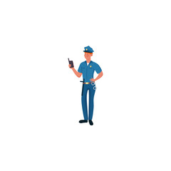 Policeman in a blue uniform standing with the walkie talkie. Vector illustration isolated on white background