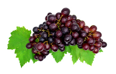 Top view Ripe red grape with leaves isolated on white background.