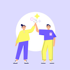 Two characters giving a high five for great work. Friendship, team work achievement, hand slapping. Flat vector illustration.