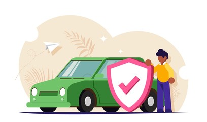 Car insurance concept. People insured his property against accidents or natural disasters. Man with a shield in the background of a car. Modern flat vector illustration.