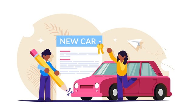 Buying a new car concept. Process of signing documents and handing over the car. People at the car dealership. Modern flat vector illustration.