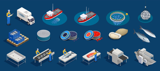 Isometric Seafood Production Set - obrazy, fototapety, plakaty