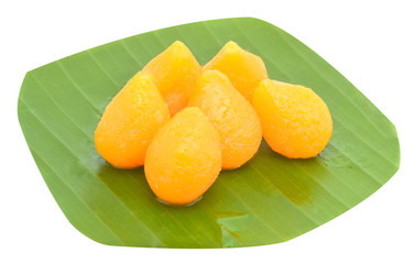 Thong  yod thailand dessert  in banana leaf on the white background.