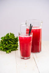 Strawberry juice. strawberry lemonade. White background. red drink.