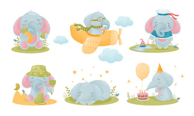 Cute Smiling Elephant Character Engaged in Different Activities Vector Set