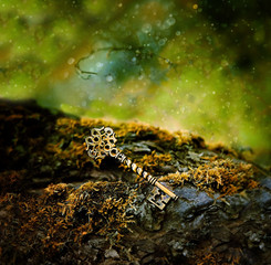 abstract mystical nature image. vintage key on moss. secret garden symbol. close up. copy space