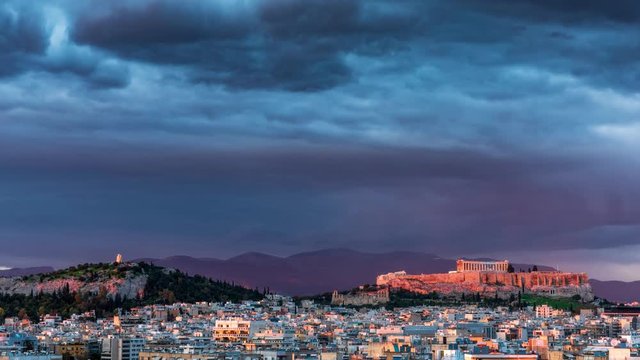 Panorama of Athens by Evening Light - 4k total time lapse shot