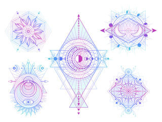 Vector set of Sacred geometry symbols with moon, sun and eye on white background. Abstract mystic signs collection.