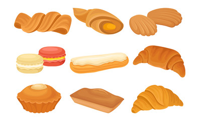 Flour Baked Buns and Rolls from Bakery or Pastry Shop Vector Set