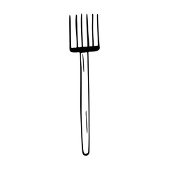 Hand drawn rake, garden tools on a white isolated background. Doodle, simple outline illustration. It can be used for decoration of textile, paper.