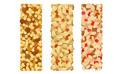 Raw Bars or Sweet Granola Bars with Dried Fruits and Nuts Vector Set