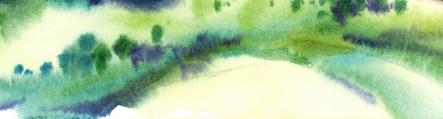 Abstract watercolor background. Green, purple, blue and aquamarine splashes of paint on yellow backdrop. Top view of uninhabited island with lush vegetation and sandy shore. Hand-drawn illustration