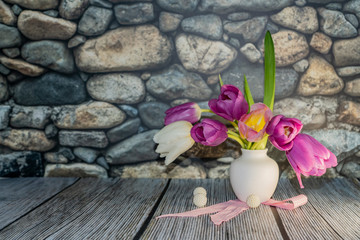 still life, sketch, background, white, small, ceramic, jug, bouquet, flowers, white, pink, lilac, tulips, green, leaves, pink, ribbon, white, round, beads
