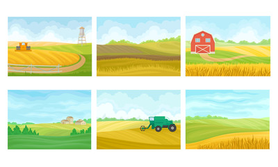 Agricultural Lands with Barn Houses and Cultivated Fields Vector Scenes Set