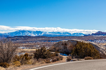 Panoramic picture of Mount Waas from Arches National park in winter