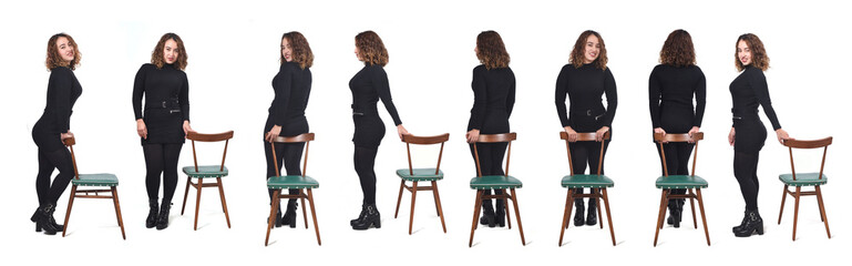 Obraz premium large group of same portrait of a woman with different hands poses with chair
