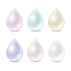 Vector set of cream pastel drops isolated on white background. Different colors droplets can used for template cosmetic ad. Realistic illustration.