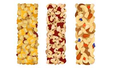 Raw Bars or Sweet Granola Bars with Dried Fruits and Nuts Vector Set