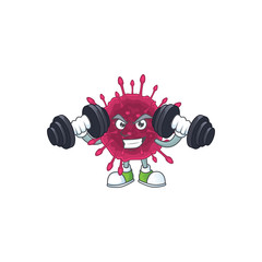 Mascot design of grinning Fitness exercise COVID19 lift up barbells