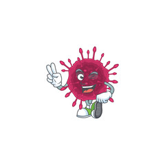 A joyful COVID19 mascot design showing his two fingers