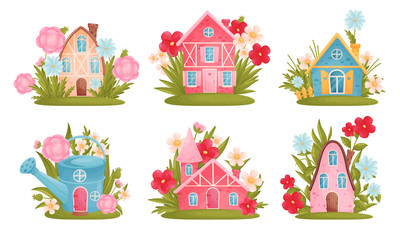 Fabulous Houses Surrounded by Grass and Flowers Vector Set