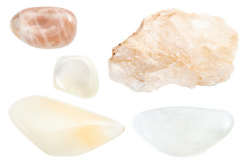 set of various moonstone gemstones isolated