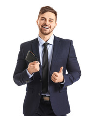 Businessman with purse on white background