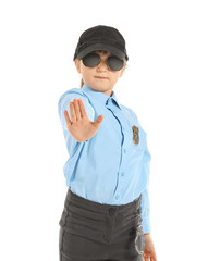 Cute little police officer on white background