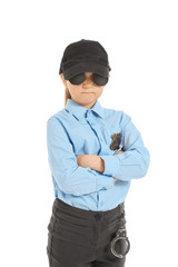 Cute little police officer on white background
