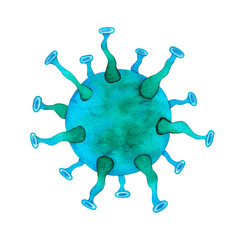 Coronavirus, watercolor illustration, green and blue virus