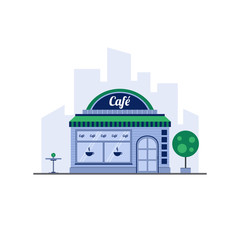 City cafe in flat style on background silhouette of the city.