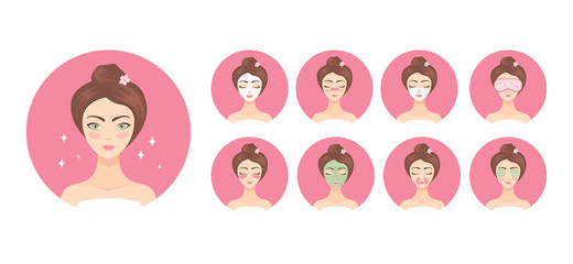 Beautiful woman takes care of her face with the help of cosmetic procedures. Patches and collagen masks for face and eyes