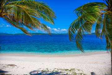 Palms leaves and ocean. Black (Malajon) island, Coron, Philippines. White sand and blue sky.