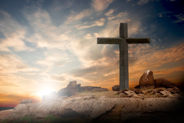 Cross, crucifixion, jesus, christ, easter, on a mountain with a sunset background