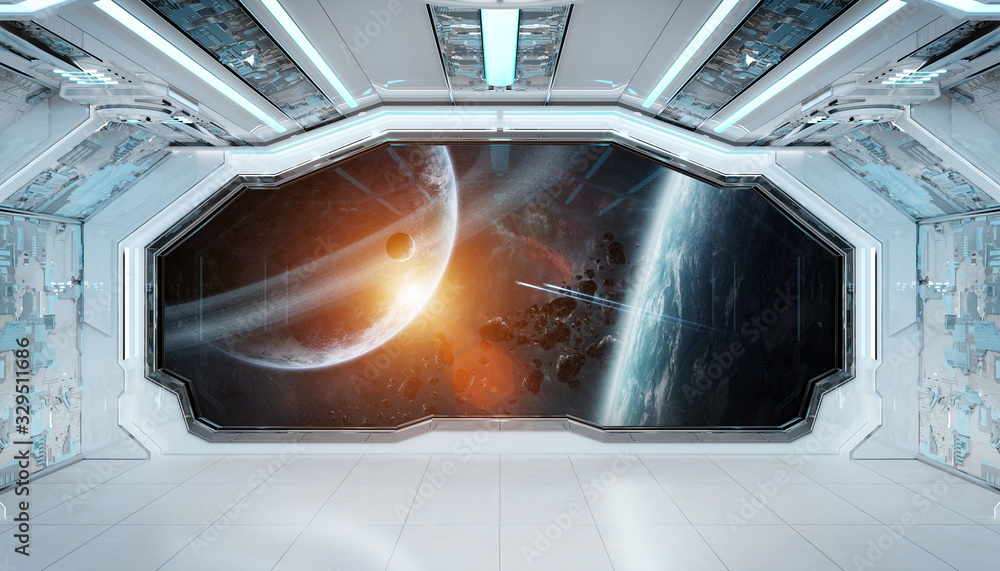 Wall mural white blue spaceship futuristic interior with window view on space and planets 3d rendering