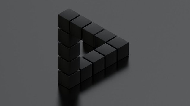3D animation of an impossible black triangle appearing on a monochrome surface. A shape is formed from segments and 3D text, a symbol of 3D graphics and abstract art, appears.