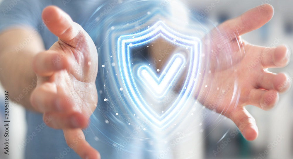 Poster Man using digital shield protection blue holographic interface 3D rendering