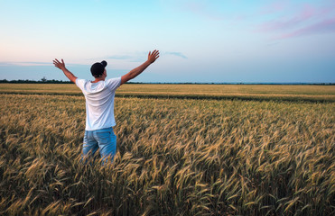 Male farmer standing in a wheat field during sunset. Man Enjoys Nature