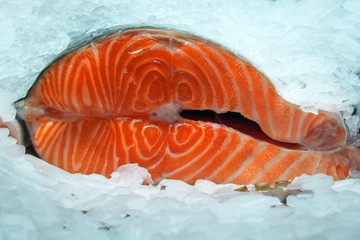 A piece of red fish in ice close-up. Sectional salmon.