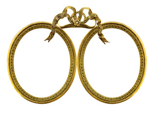 Double golden oval frame (diptych) for paintings, mirrors or photos isolated on white background