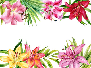 Bouquet of watercolor lily, red, pink, yellow lilly flowers on an isolated white background, watercolor flower, stock illustration. Card, postcard, greeting, invitation.