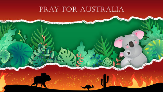 Australian fire. Pray for Australia for kangaroos, Koala is fleeing from forest fires. Restore forests to animals. EPS10