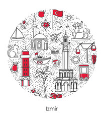 Izmir, Turkey. Vector illustration of famous Turkish symbols and landmarks in circle frame. Hand drawn doodle elements isolated on white. Set of icons in round composition for city tourism promotion.