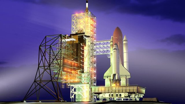 Realistic 3D Animation of Space shuttle ready to launch in night illumination, Earth Orbital Spacecraft System. Time Lapse.