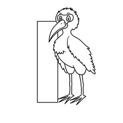animal alphabet. capital letter I, ibis. Raster illustration. For pre school education, kindergarten and foreign language learning for kids and children. Coloring page and books, zoo topic.